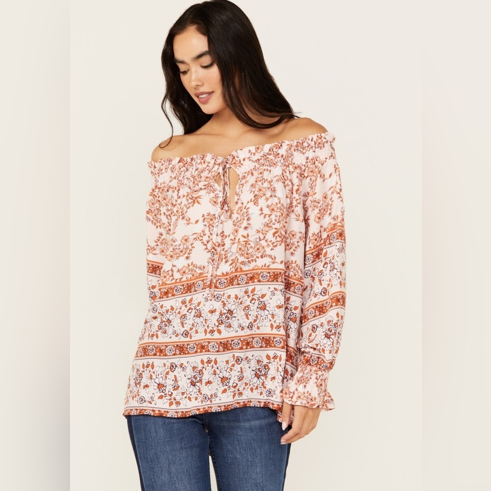 WILD MOSS FLORAL BORDER PRINT OFF THE SHOULDER TOP